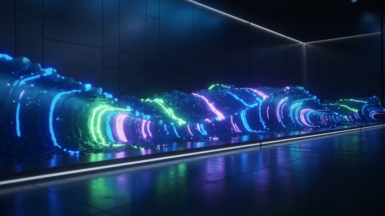 Pulsing on play neon wave sculpture moving along low display, casting color streaks on tiled floor