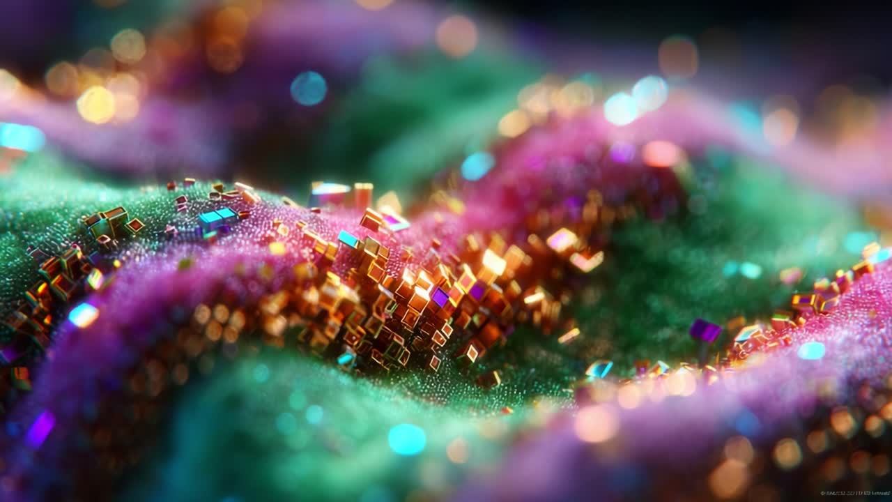 A Stunning Close-Up of Colorful Digital Textures Featuring Sparkling Particles and Shimmering Grains, Showcasing a Mesmerizing Blend of Vibrant Colors and Depth in a Hypnotic Abstract Landscape