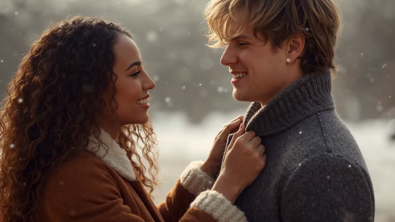 Reaching up, woman adjusting man's gray knit collar at lakeside, shearling coat showing affection