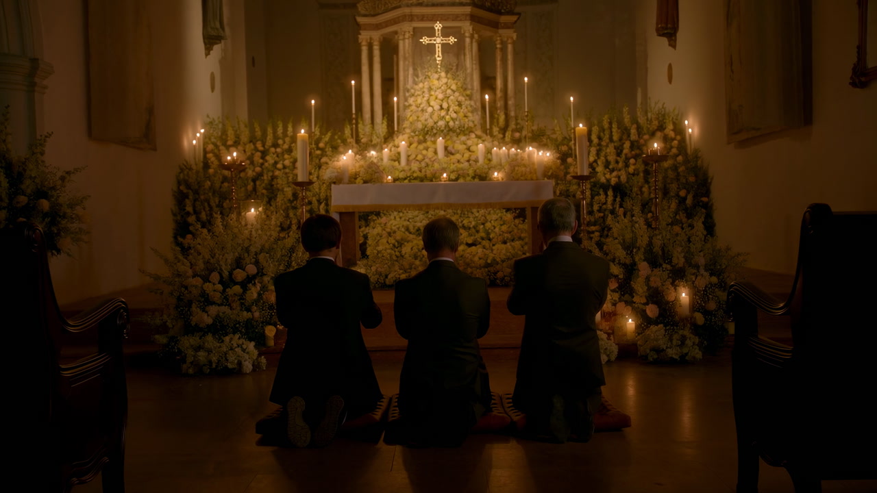 Three People Kneeling Before Candlelit Altar, Candlelit Chapel Interior With Ornate Altar Adorned With Flowers