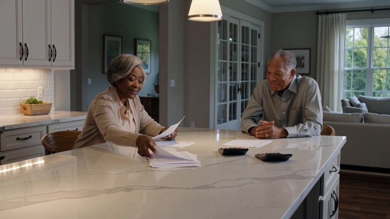 Pulling back revealing couple, woman sorting bills at kitchen island, wearing cardigan, calculators