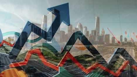 dynamic economic trends overlaying a modern cityscape
