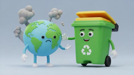 a playful animated portrayal showcasing earth expressing concern while a cheerful recycling bin offers assistance, highlighting the importance of environmental care and sustainability