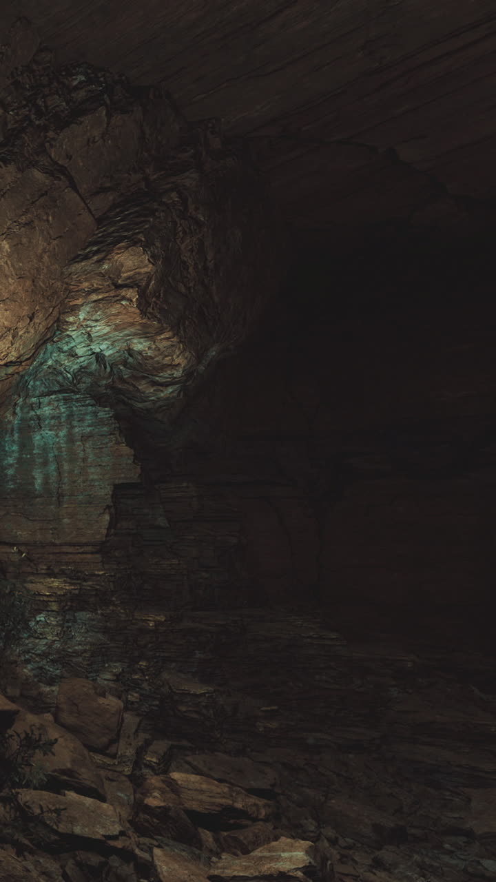 La luce si riflette sull'acqua in una grotta buia con formazioni rocciose aspre.