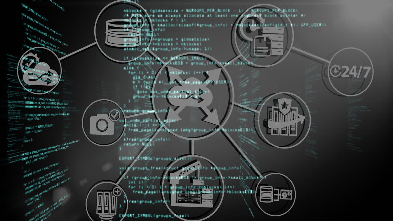 Network of connections and data processing animation over digital interface