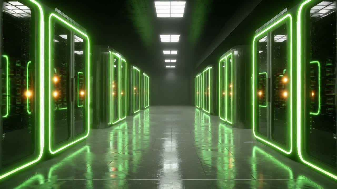 Futuristisch datacenter: verlichte serverrijen met neongroene accenten creëren een high-tech sfeer in een moderne opslagfaciliteit.