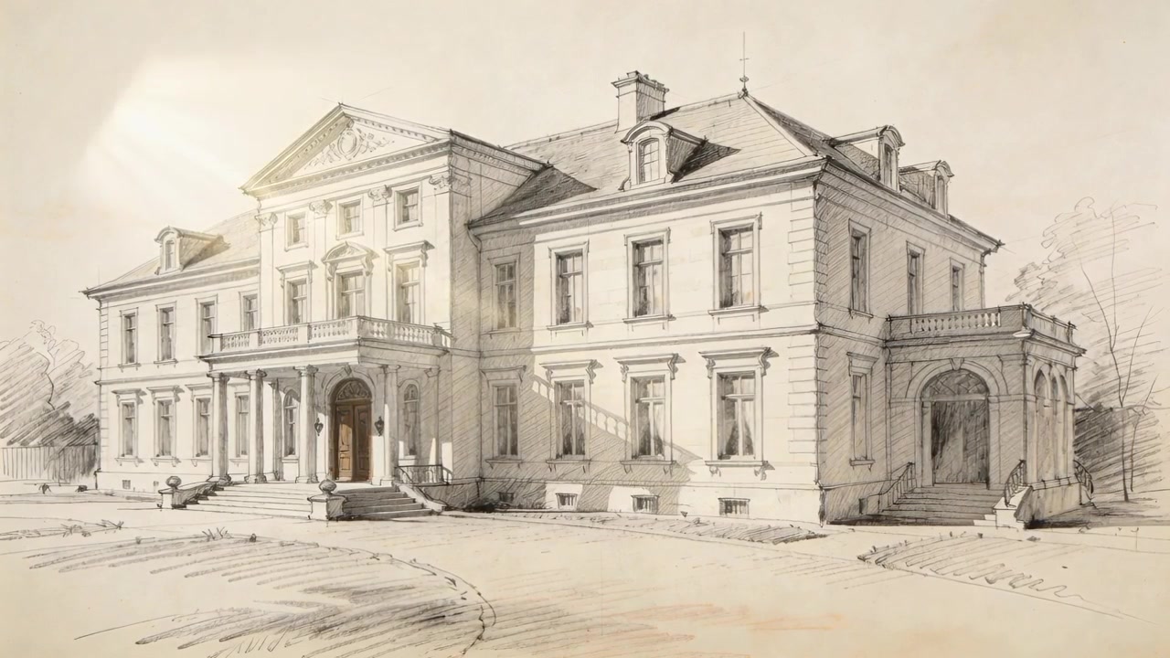 Iniziando una velatura calda, il disegno del maniero acquista profondità su carta ruvida, mostrando portico e colonne.