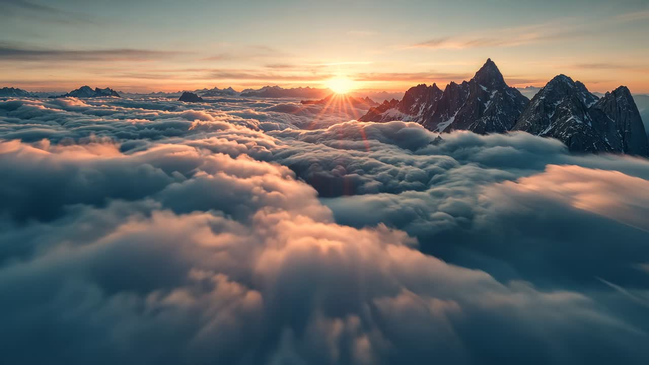 Moving camera revealing dense rolling cloud layer above mountains at sunrise, highlighting ridge