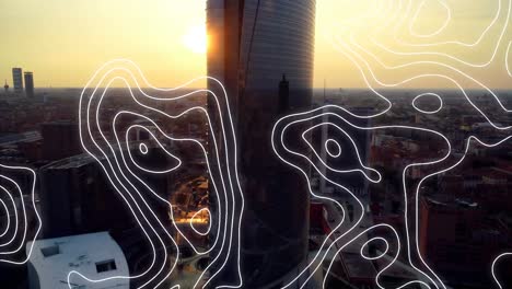 animation of white contour lines moving over modern cityscape at sunset