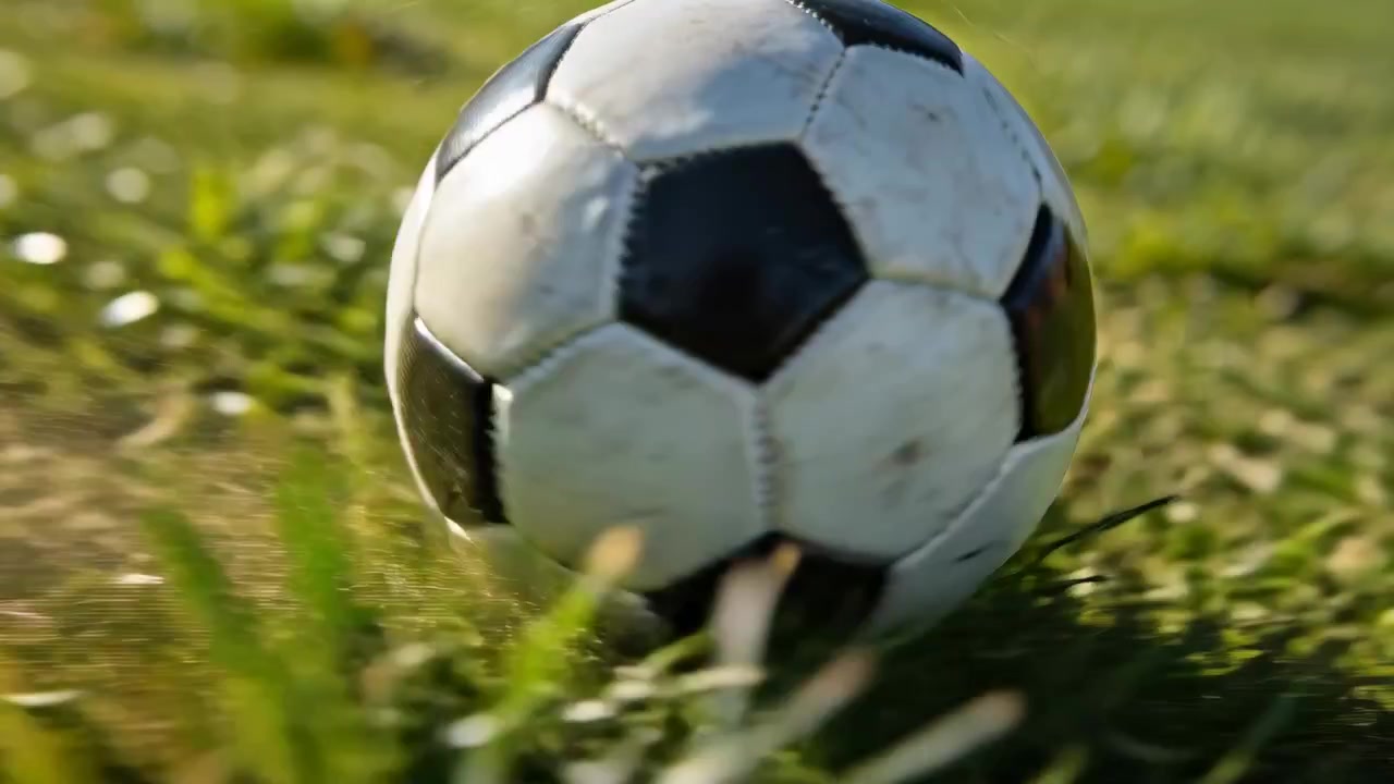 En rullende, slidt sort-hvid fodbold bevæger sig hen over en solbeskinnet græsbane, med jord der hvirvles op bagved.