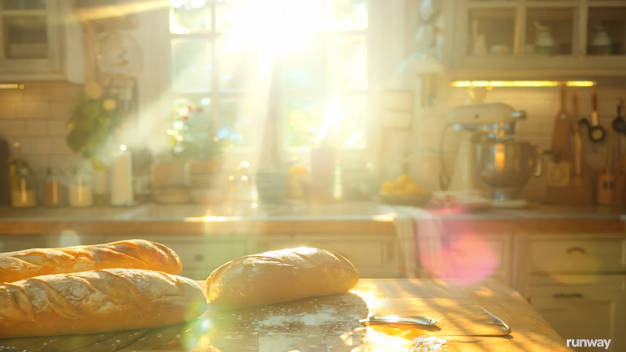 Freshly Baked Bread in a Sunlit Kitchen in Early Morning. Three loaves of freshly baked bread rest on a wooden board as sunlight streams through kitchen windows, creating a warm and inviting atmosphere.