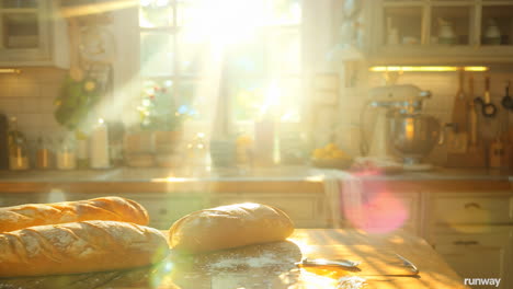 freshly baked bread in a sunlit kitchen in early morning. three loaves of freshly baked bread rest on a wooden board as sunlight streams through kitchen windows, creating a warm and inviting atmosphere.