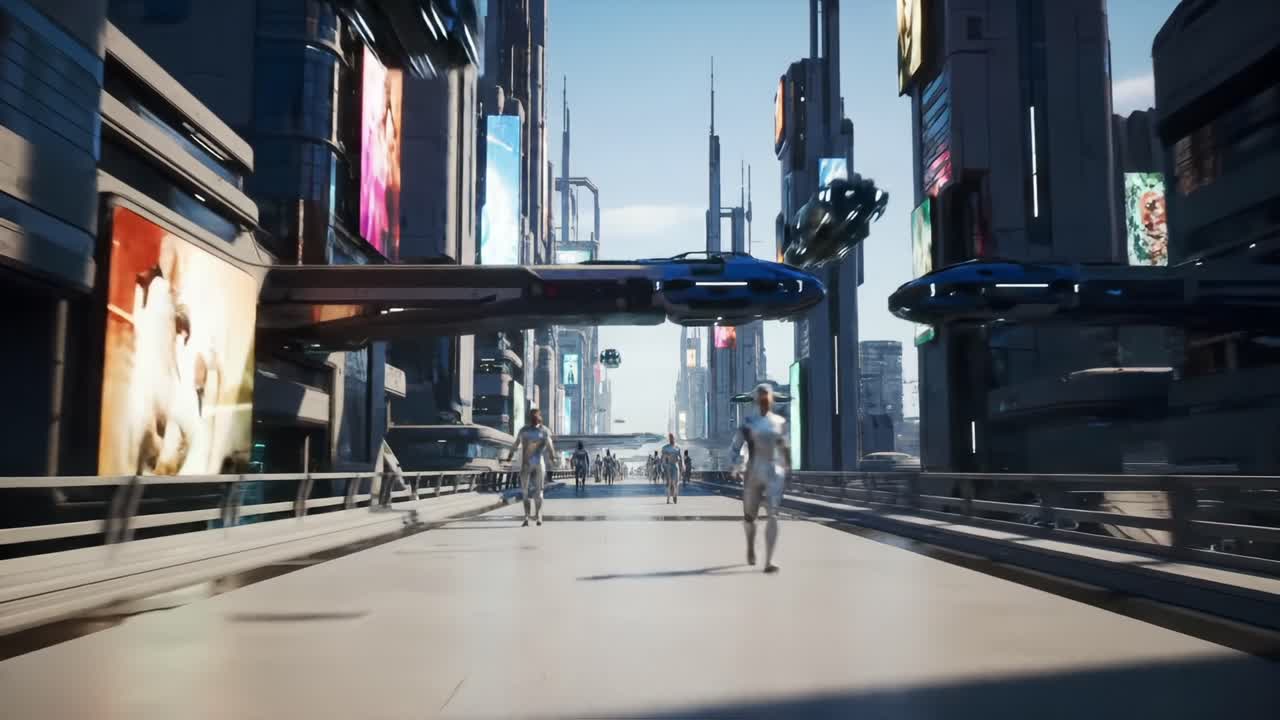 Futuristic Cityscape: A Glimpse into Advanced Technology and Urban Life with Robotic Figures Walking Through a Vibrant Metropolis with High-Tech Elements
