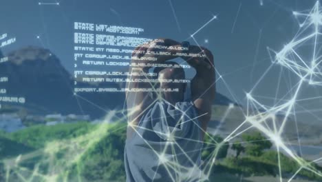 Animation-of-network-of-connections-over-senior-african-american-man-stretching-at-beach