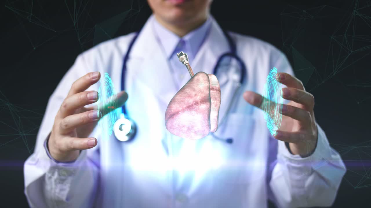 Doctor Using Digital X-Ray Human Lung Holographic Scan Projection 3D Rendering