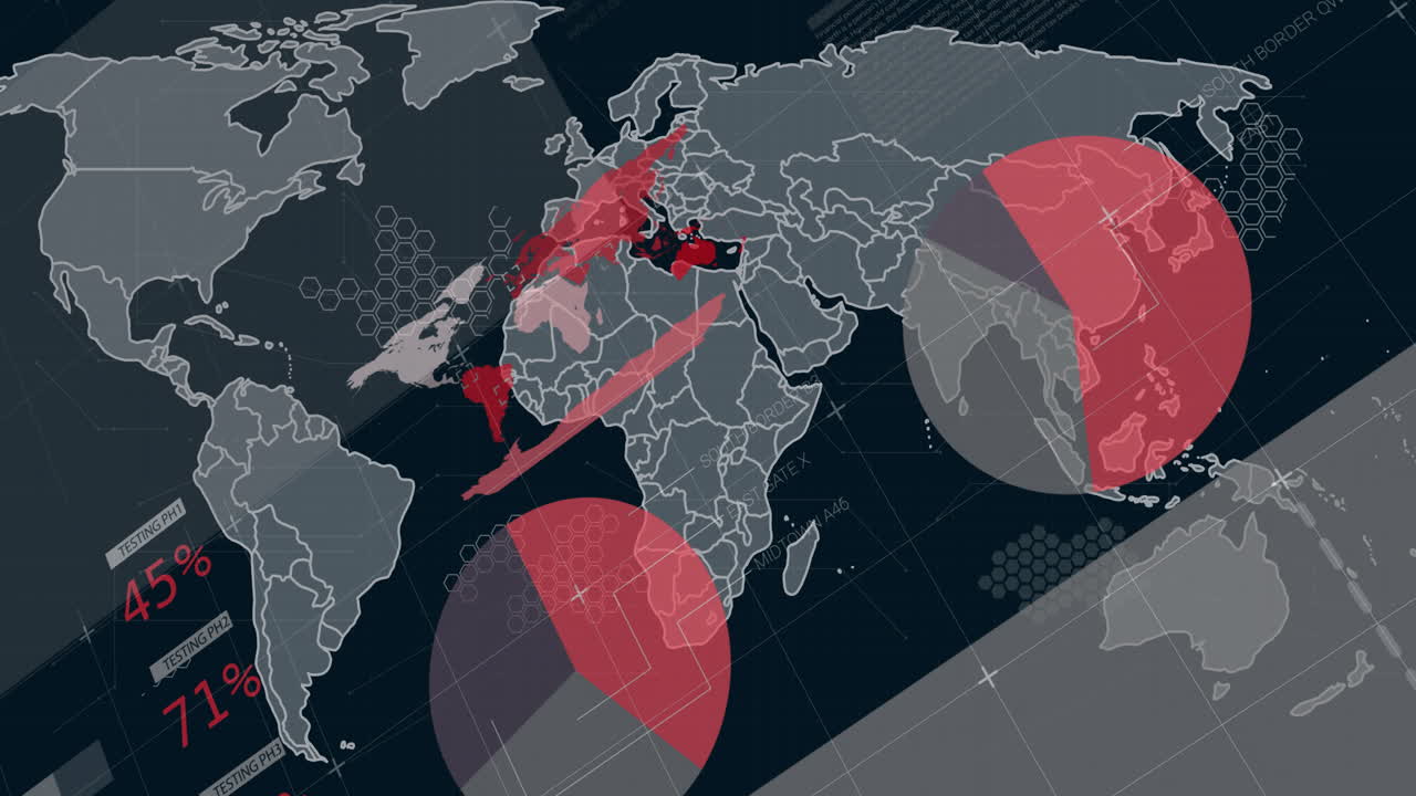 Animation of world map with red data visualizations and percentage statistics