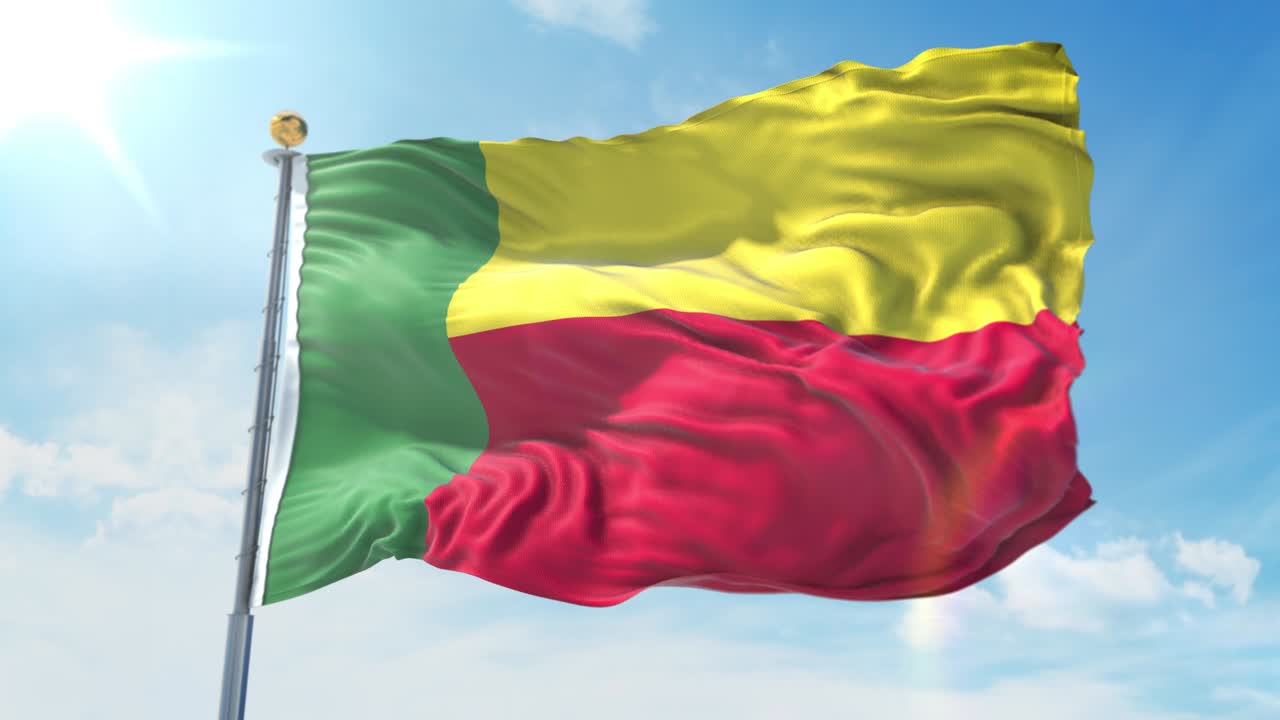 Benin flag waving in the wind against deep blue sky. National theme, international concept. 3D Render Seamless Loop 4K