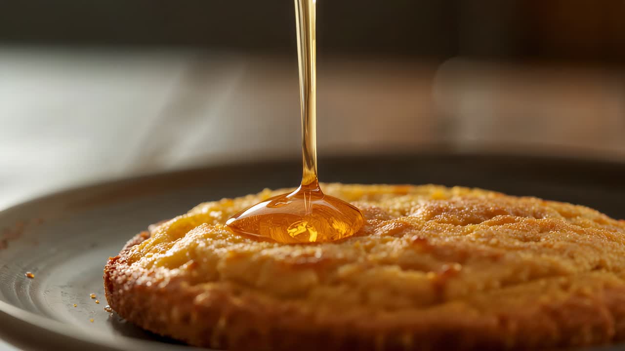 Receiving steady syrup stream, golden pancake forming puddle on plate at kitchen table for serving
