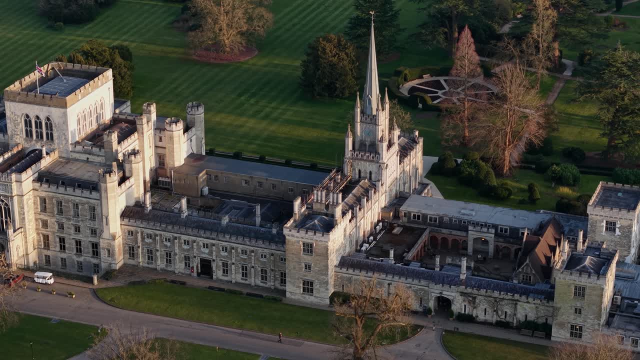 Aerial view of historic Ashridge House in Hertfordshire, surrounded by nature