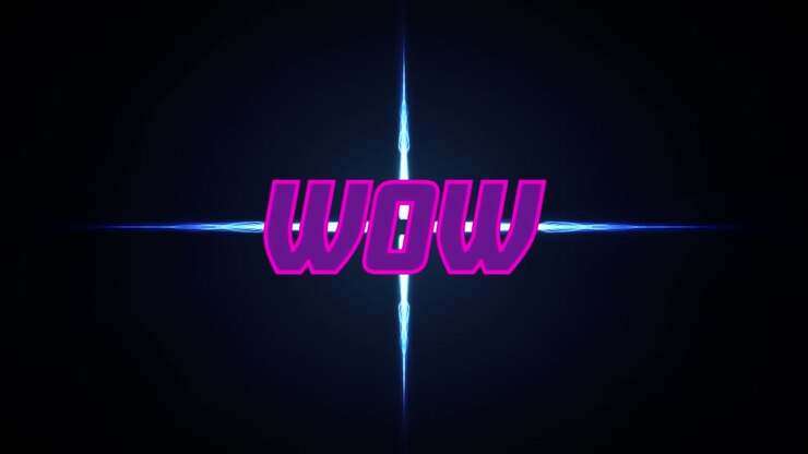Animation of wow text over blue lights on black background