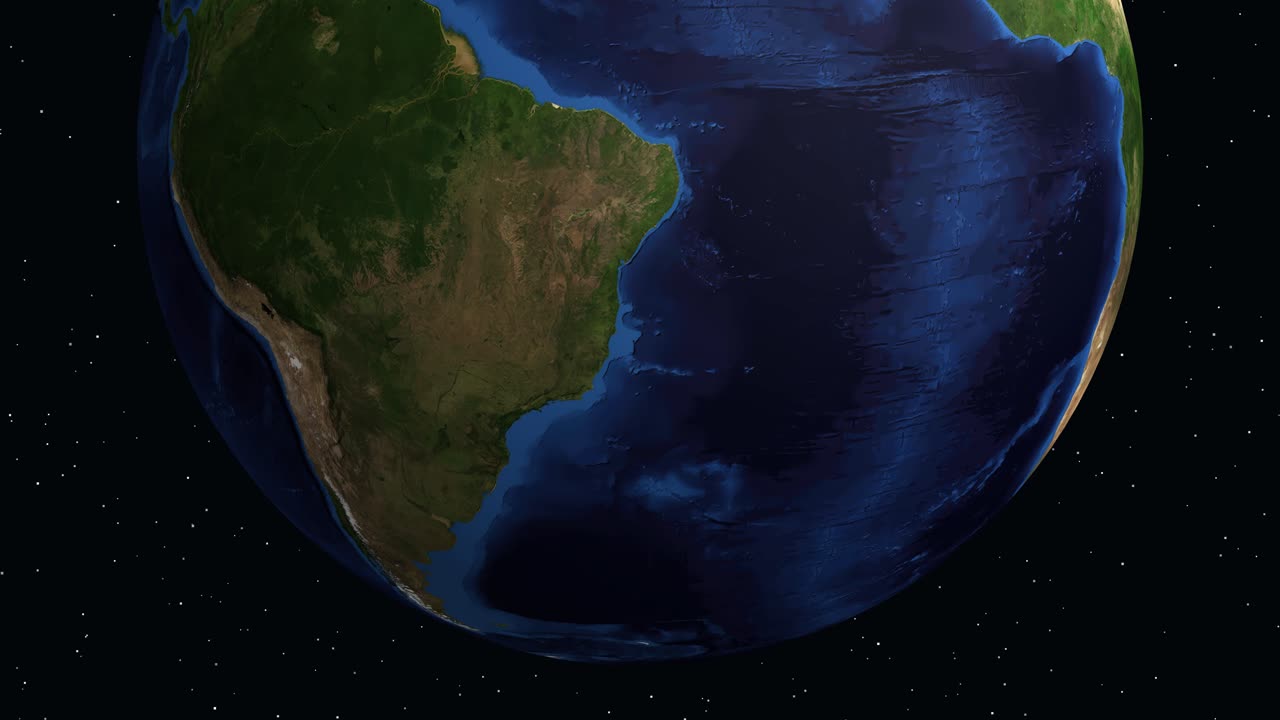 Animazione digitale zooma dallo spazio verso il Sud America, individuando Foz do Iguaçu con dati.