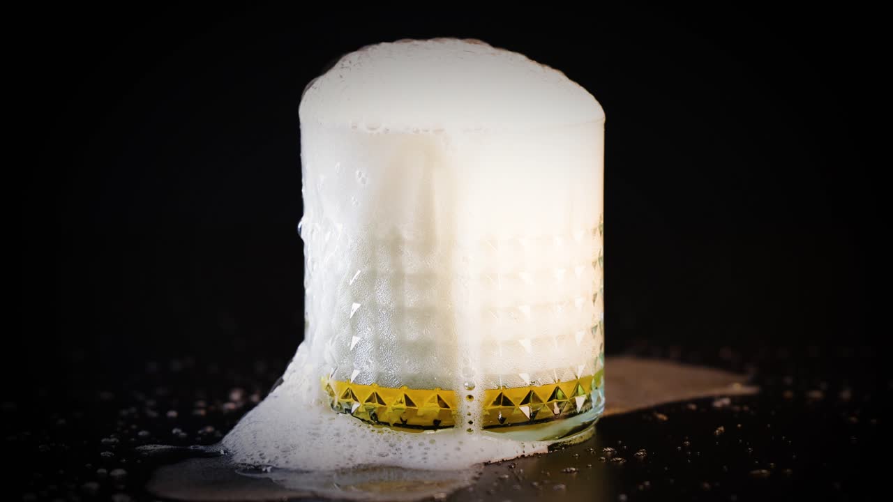 Beer glass overflowing with foam and bubbles