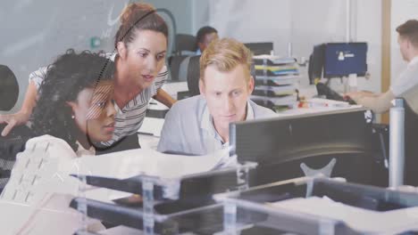 Animation-of-interface-with-data-processing-over-three-diverse-colleagues-discussing-at-office