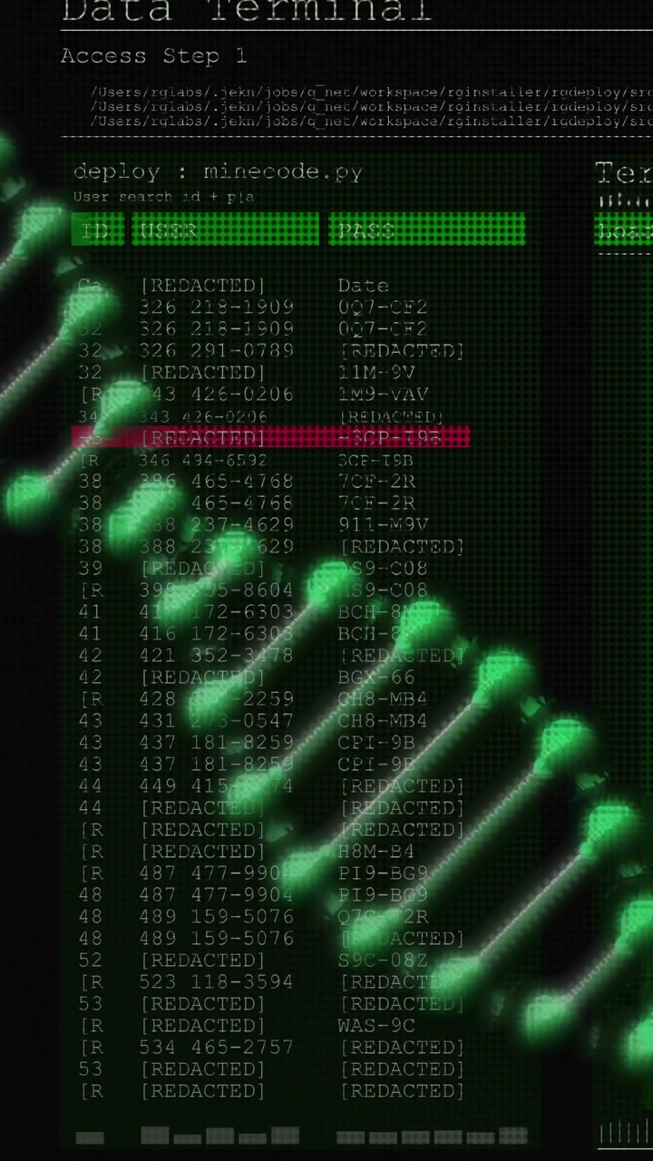 Vertical video: Deploy command appearing, green helix sliding, revealing Data Terminal and red row