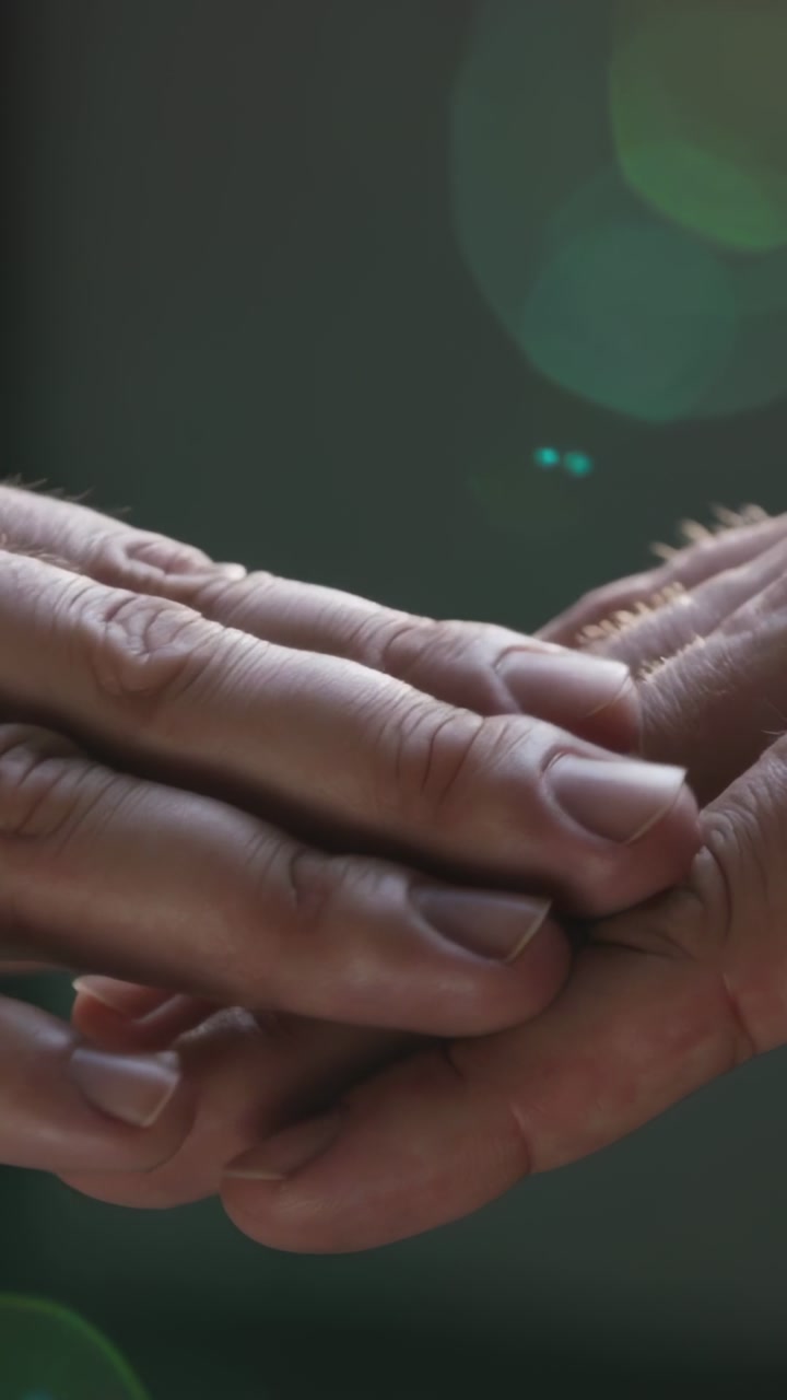 Vertical video: Reaching from right, hand resting on other hand in close-up, comforting, copy space