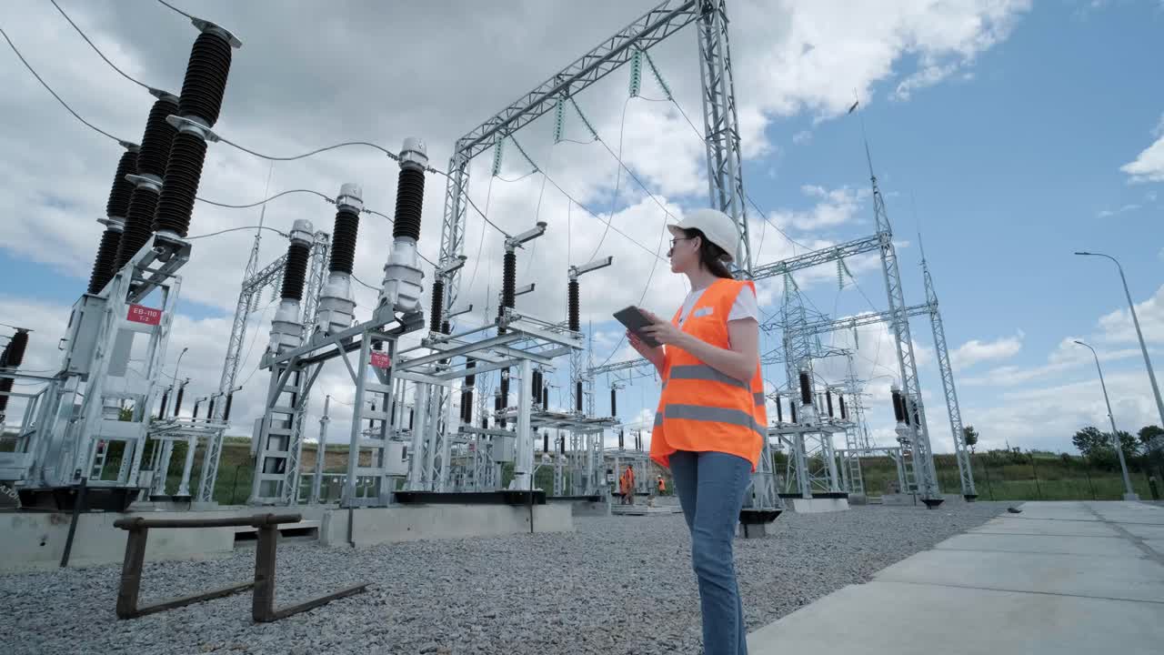 un empleado de ingeniería hace un recorrido e inspección de una subestación eléctrica moderna. energía.