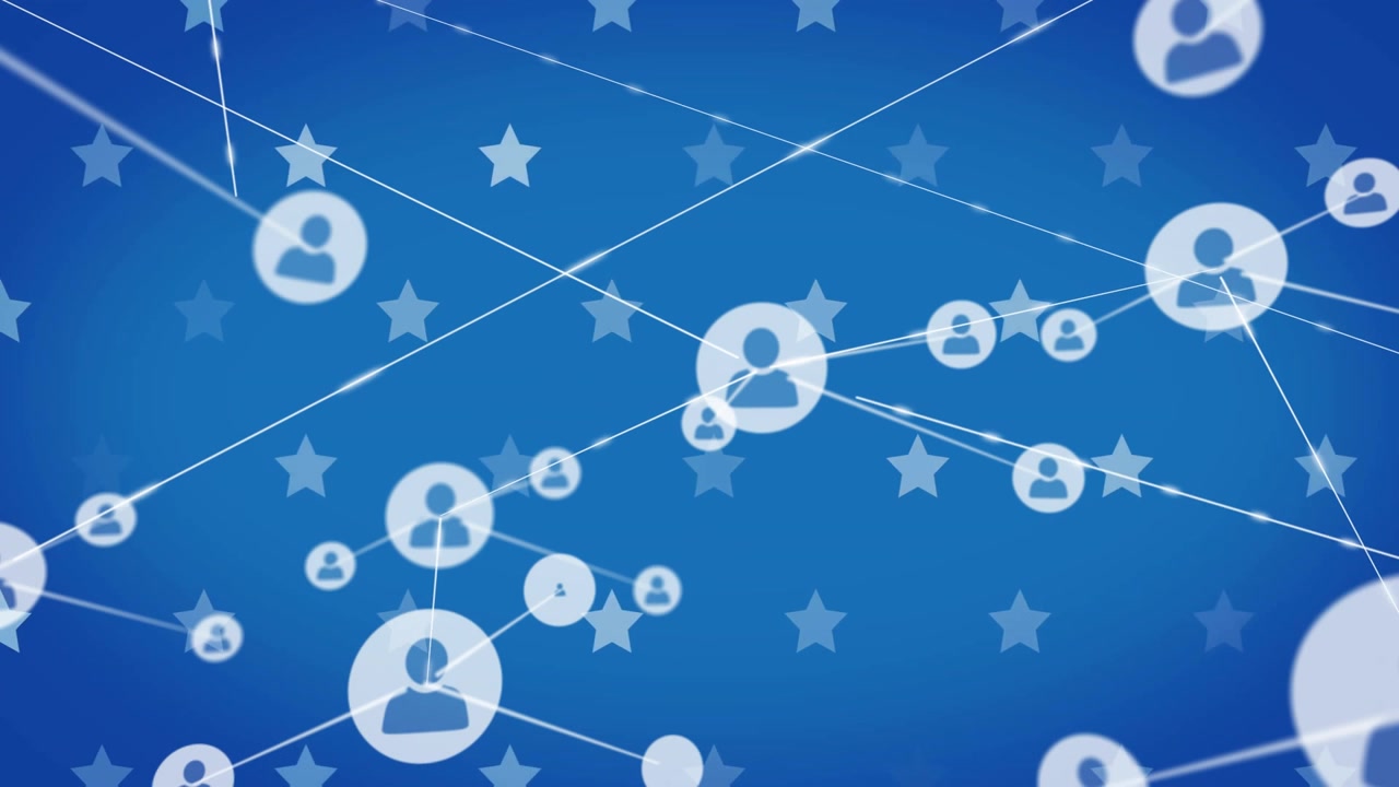 Network of connected user icons and stars animation over blue background
