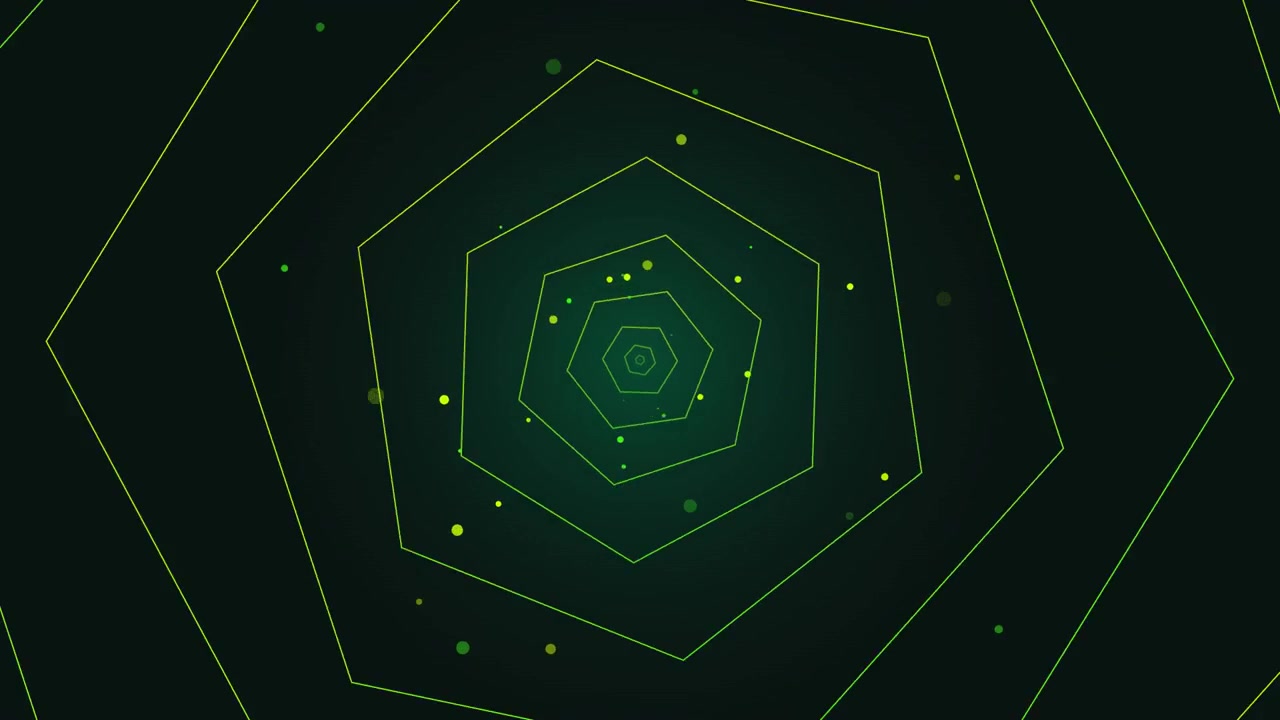 Abstract Motion Background with Glowing Green Hexagons and Particles
