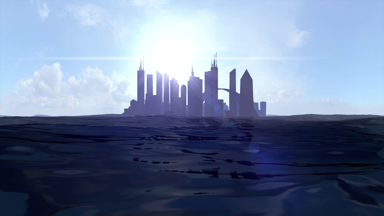 Cityscape skyline ocean rising sea level silhouette skyscraper future island 4k