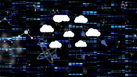 Animation-of-clouds-with-icons-over-moving-columns-and-molecules