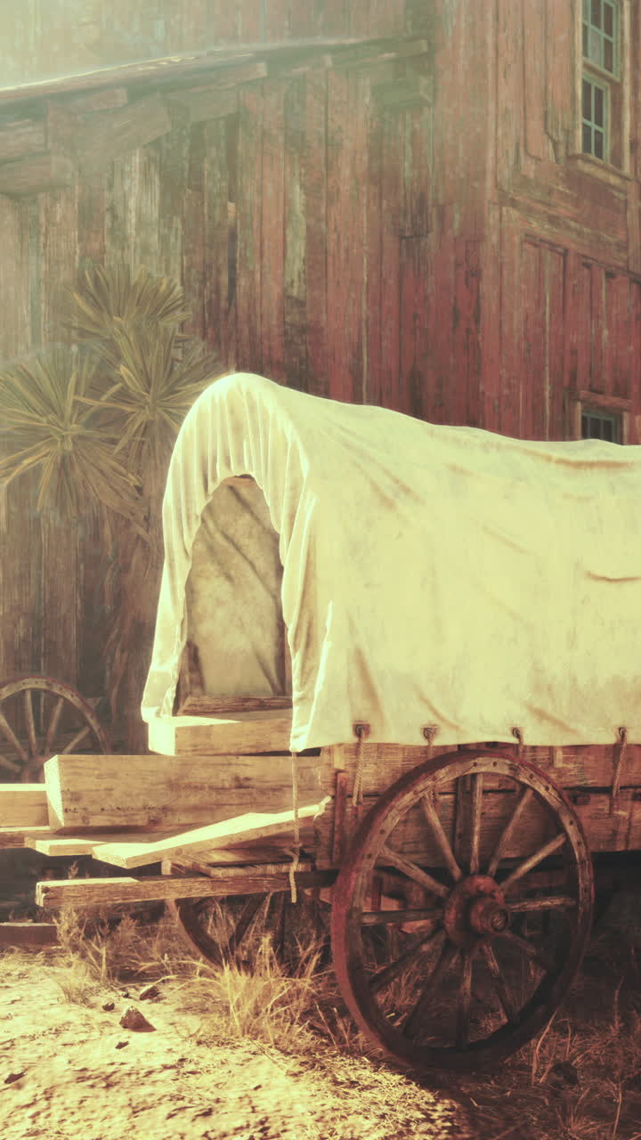 старинный покрытый вагон в пустынной обстановке