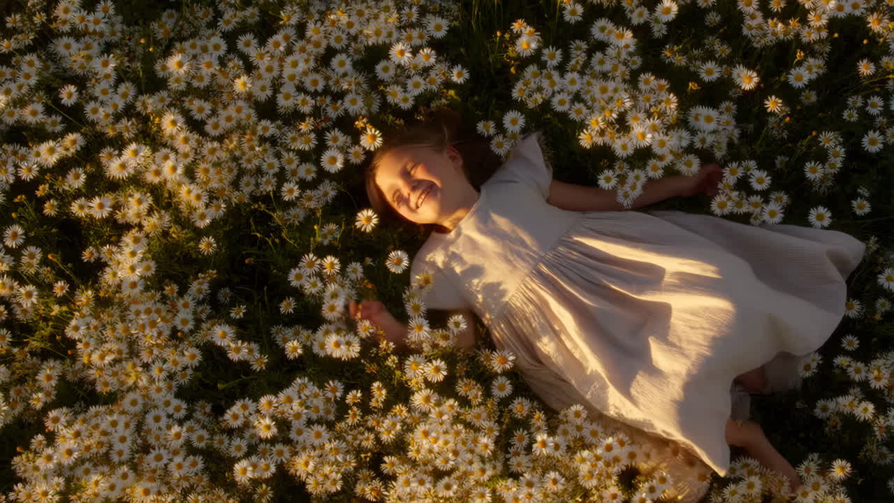 Happy Girl Lying in a Field of Daisies