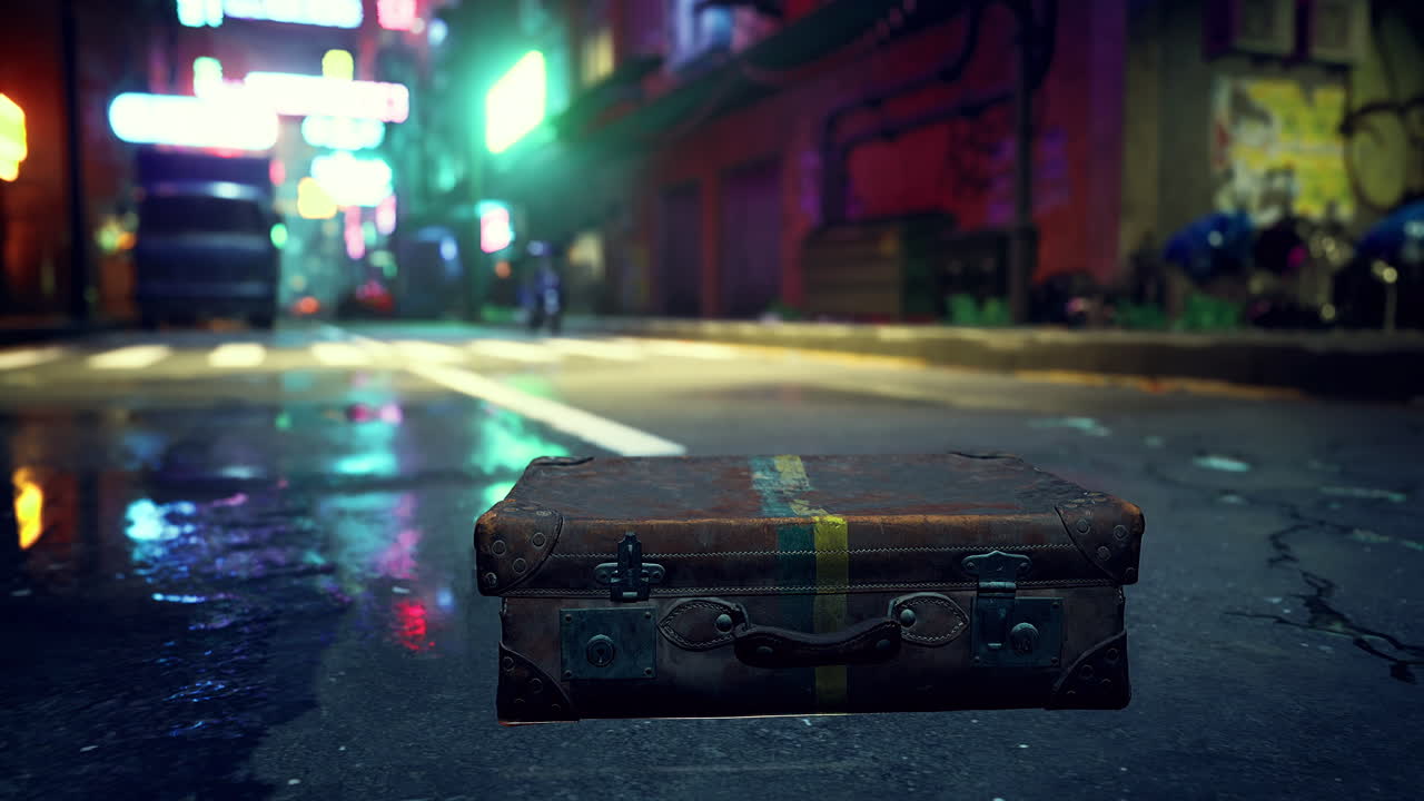 Rusty suitcase sits on a wet urban street lined with colorful neon lights