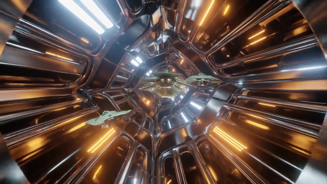Spaceships Flying Through a Futuristic Metallic Tunnel