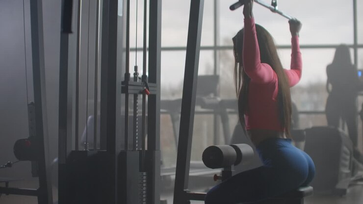 The girl performs an exercise on the muscles of the back and arms. She pumps her back on a special training machine with her arms up and behind her back with weight.