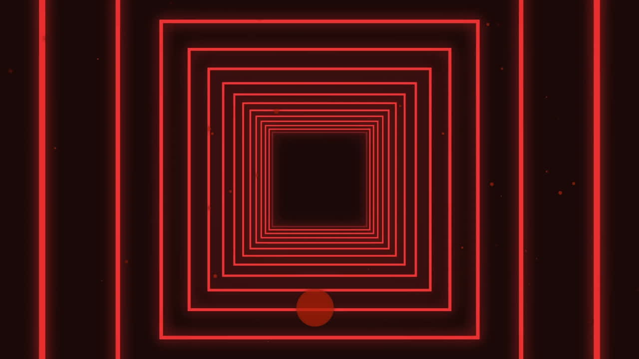 검은 바탕에 떠다니는 분홍색 점에 맞춰 원활하게 움직이는 사각형 모양의 디지털 애니메이션