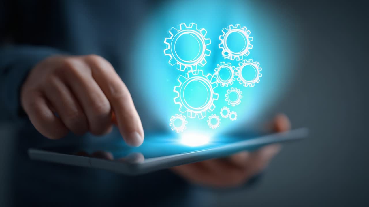 A person interacts with a digital interface displaying animated gears, symbolizing innovative technology, automation, and futuristic design through touch and motion