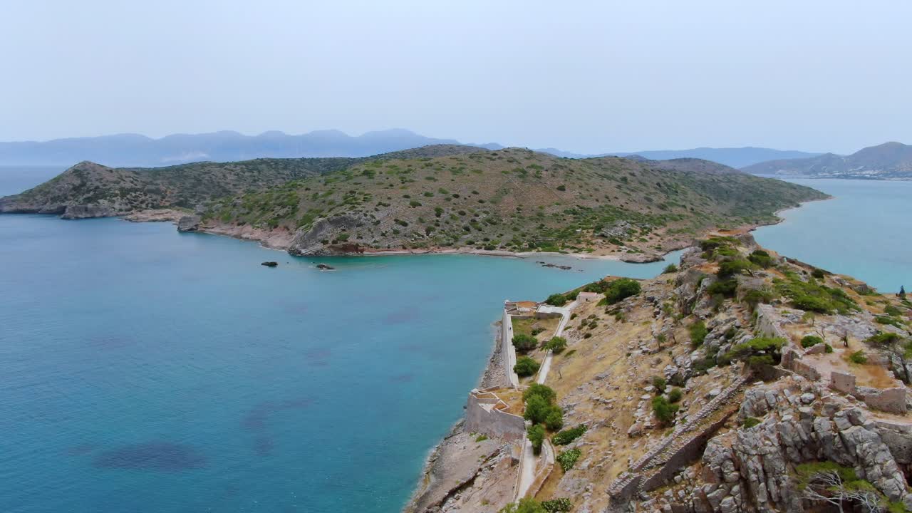 Aerial flying over Venetian fortification in Spinalonga island, Crete