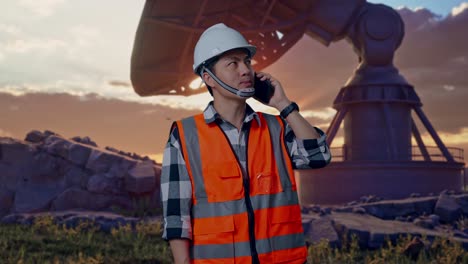 asian male engineer with safety helmet talking on smartphone while standing with large satellite dish