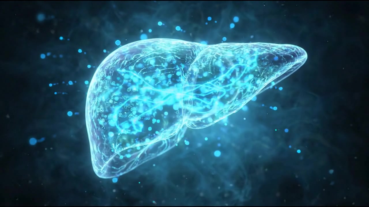 Realistic 3D human liver organ model floating in dark space