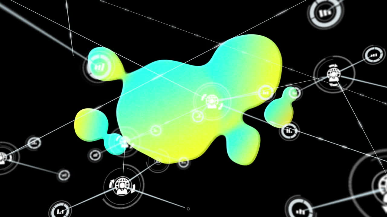 연결 네트워크의 애니메이션과 검은색 배경에 빛나는 블롭