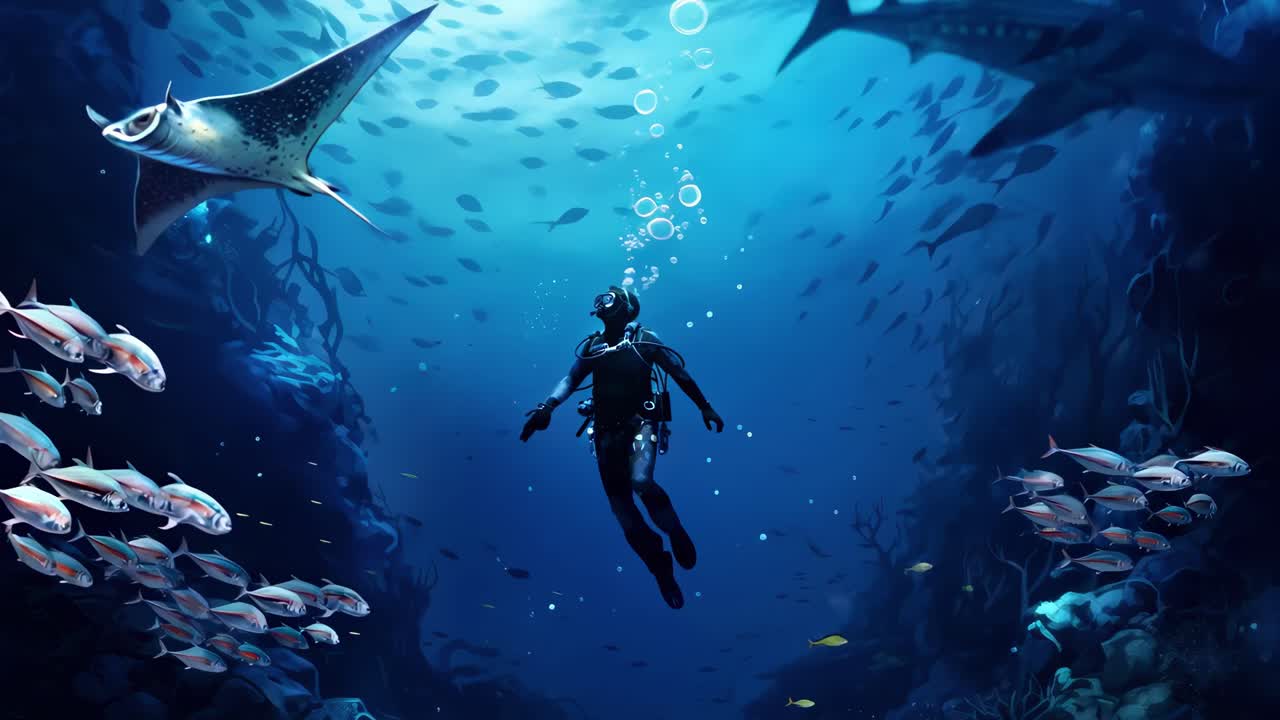 Underwater video scene with a diver surrounded by fish and a manta ray Captured from a low angle