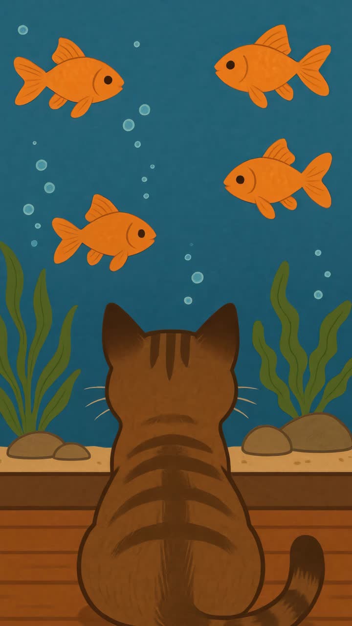 Illustration of a cat watching fish in an aquarium. The video-like scene is from a rear angle