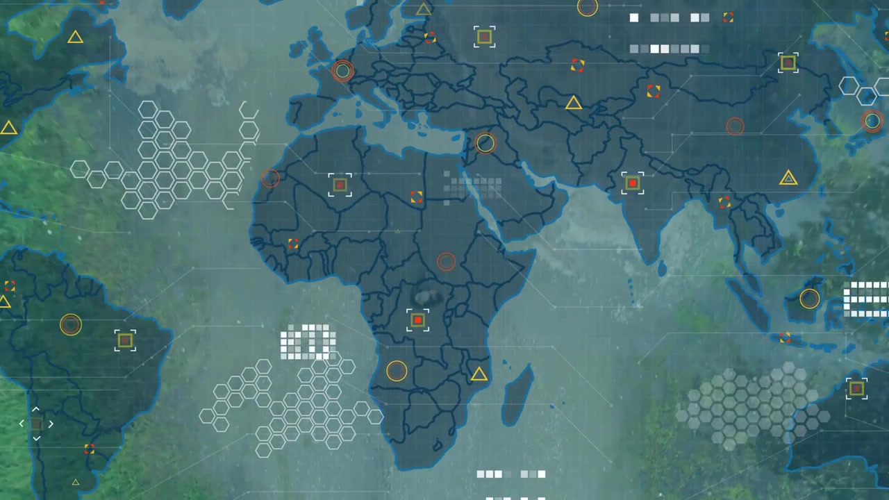 Mature woman raising arm on world map, causing tech overlay animating hex clusters and showing data