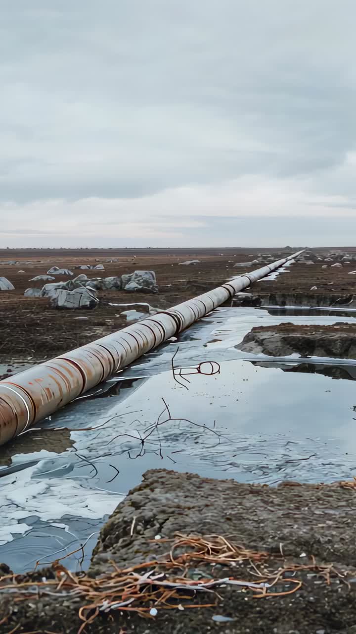 Vertical video: Starting camera panning right across industrial site, revealing rusty pipeline