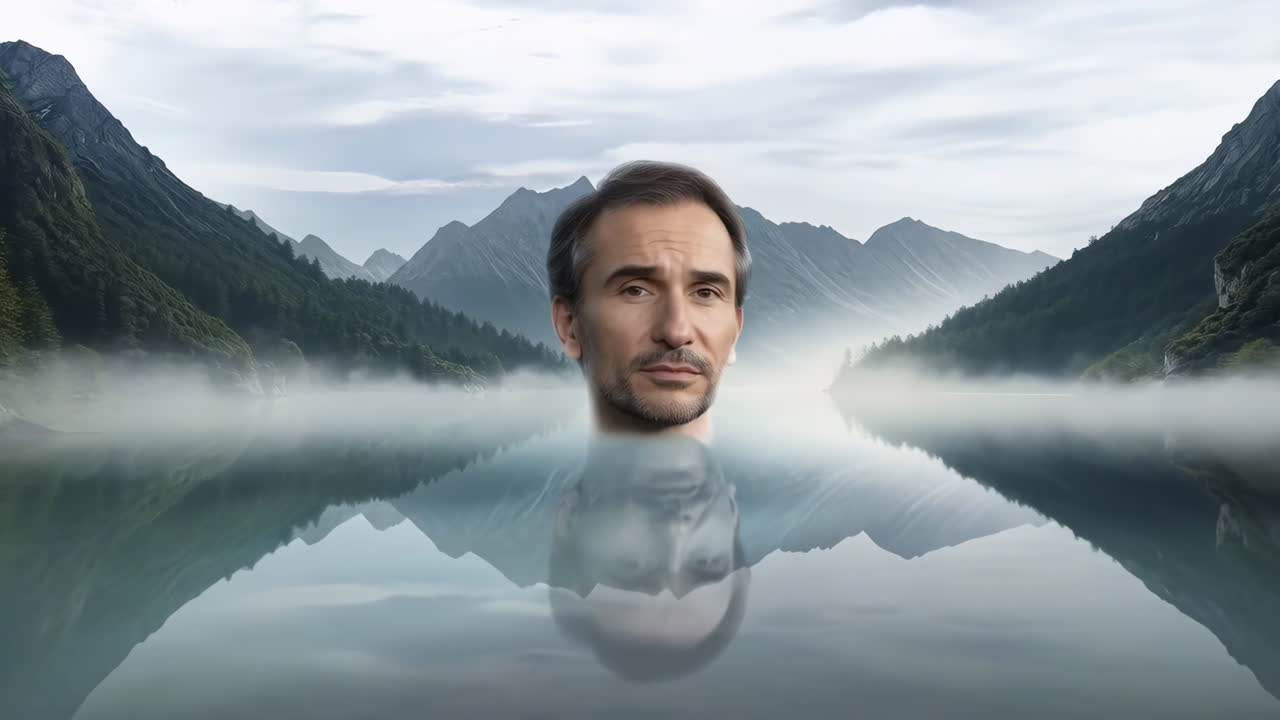 Surreal portrait of a man emerging from a misty mountain lake